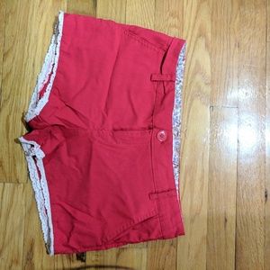 Red Shorts with Lace Detail on Edge